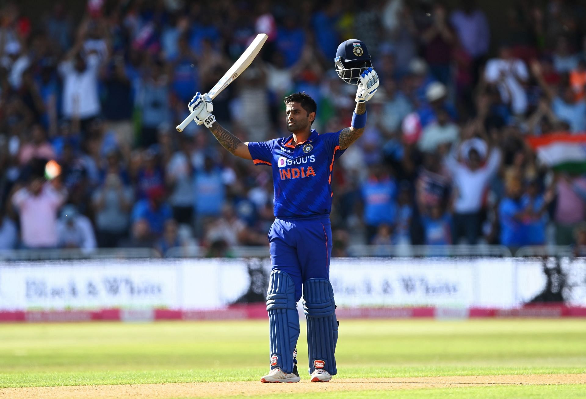 Suryakuymar Yadav raises his bat after scoring a century against England. Source: Getty